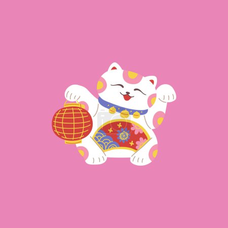 Téléchargez les illustrations : Illustration vectorielle de Maneki Neko, une figurine de chat japonaise avec des cloches autour du cou, tenant une lanterne rouge traditionnelle. Bonne chance design talisman, fond rose isolé. - en licence libre de droit