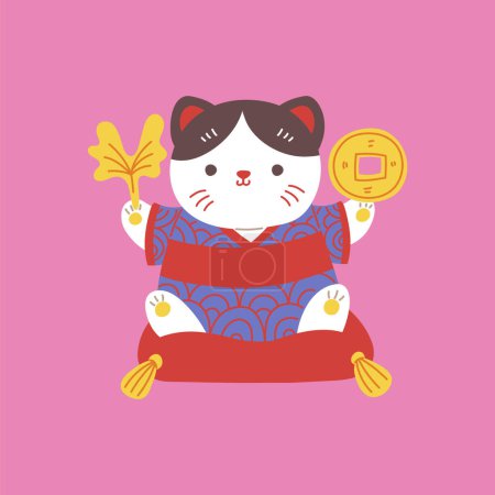 Amuleto figurado Maneki Neko japonés. El símbolo de riqueza gato suerte. Gatito de dibujos animados en kimono se sienta en una almohada y sostiene la moneda de oro. Las grandes fortunas orientales firman el Feng Shui. Ilustración vectorial en rosa
