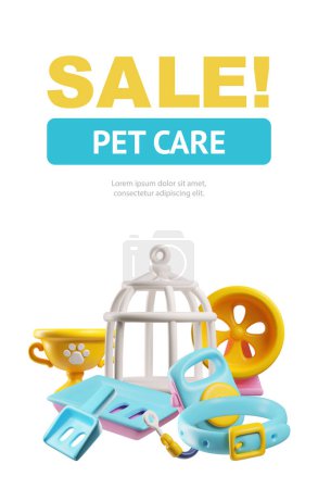 A poster of a pet store made in vector 3D format of essential pet care products: a cat toilet, a running wheel for a hamster, a collar and a leash for a dog