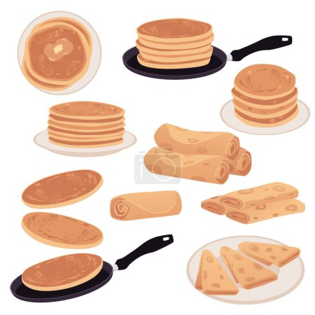 Set of round, rolled and sliced pancakes on frying pans and plates flat style, vector illustration isolated on white background. Decorative design elements collection, tasty breakfast
