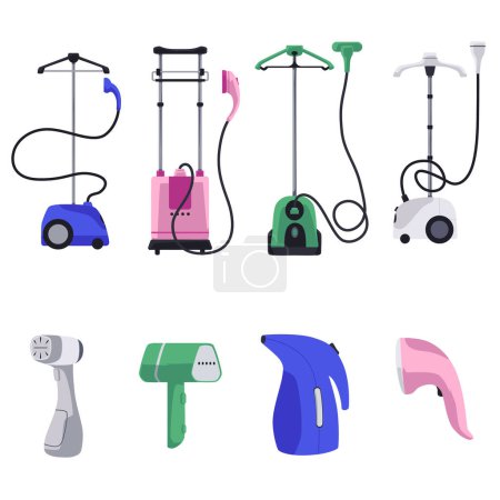 Upright garment steamer, portable home ironing equipment on wheels and handle, various shapes colors. Steamer rack for removing wrinkles from clothes with high temperature steam. Vector set isolated