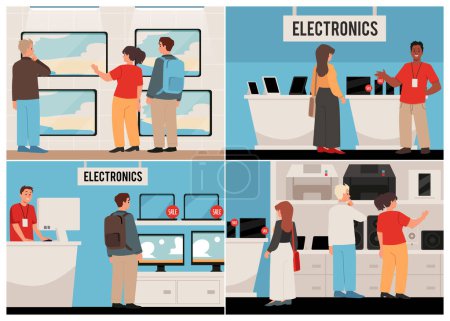 Scenes in an electrical goods store. Flat illustration with sellers and buyers participating in product selection. Consultations and special offers. A set of flyers for an electrical goods store.