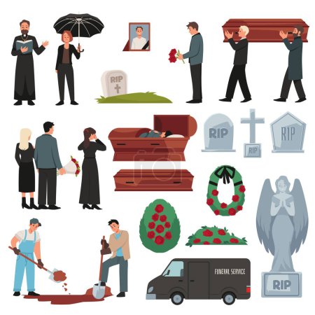 Funeral cemetery ceremony vector illustrations set. Grave, coffin with mourning people in black clothes, flowers wreath, priest, monument, funeral car and grave digger. Burial service agency