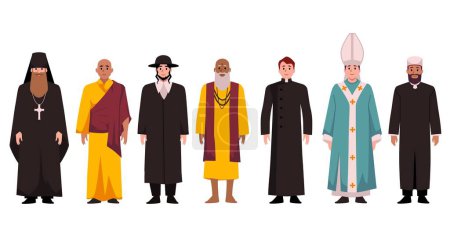 Catholic Pope, Buddhist and Hinduism monks, Christian Orthodox priests, patriarchs, rabbi Judaist, Muslim Islam mullah. Religion priests diversity vector illustration set