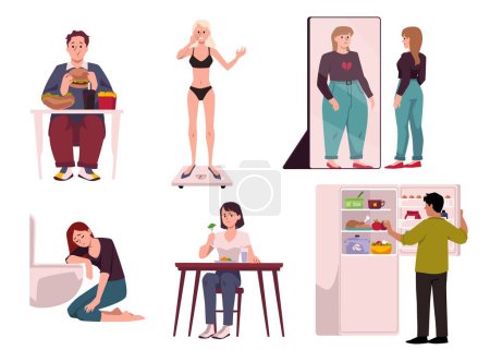 Set of people with different eating disorders flat style, vector illustration isolated on white background. Decorative design elements collection, bulimia, anorexia and dysmorphia