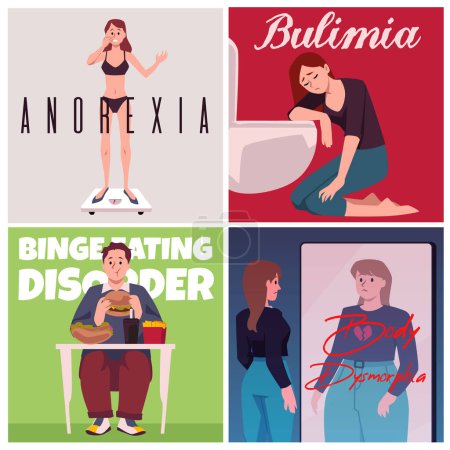 Eating disorder, anorexia and bulimia concept. Mental health problem posters set. Fast food addiction. Obesity and gluttony. Sad unhealthy people with disease symptoms