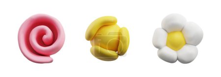 Realista bola de plastilina amarilla con detalles arqueados, flor de manzanilla y rizo rosa. Vector 3D renderizar elementos de flor de la masa. Conjunto de iconos de textura de arcilla. Modelado de creación infantil, objeto de escultura