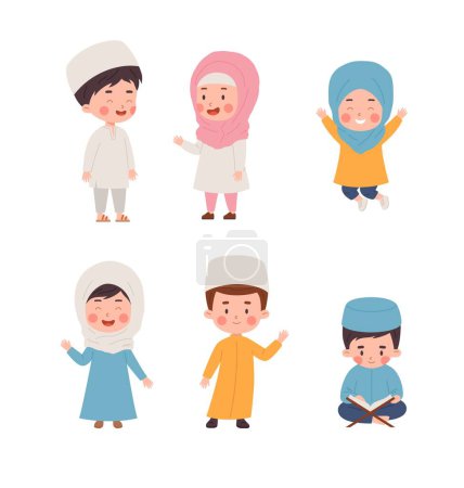 Illustration for Muslim boys and girls. Tradition Muslim faith and Islamic religion. Cartoon children in national Arab clothing and headdress. Vector illustration of cute Arabic kid characters set isolated on white - Royalty Free Image