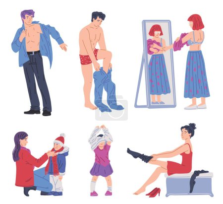 Dressing people set. Men and women put on and change clothes. Mother help son to tie scarf. Various characters getting dressed, pull on garment. Flat vector illustration concept collection.
