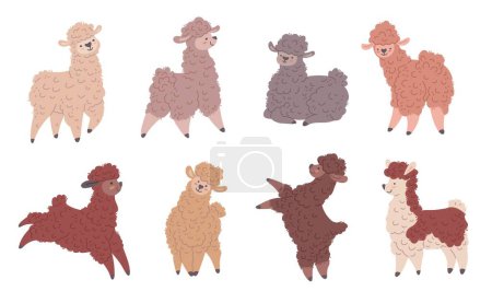Set von bunten süßen Lamas in verschiedenen lustigen Posen. Isolierte Darstellung des Lama-Tiervektors. Cartoon lustige lockige Pelztier. Entzückende fröhliche Schafe mit beiger, grauer, brauner Wolle