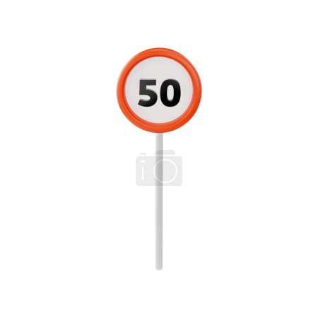 Fifty regulation road sign 3D vector icon. Restriction traffic symbol 50 in red circle on the stick to speed limit fifty kmh. Render caution signal for transport, restricted rules of the road