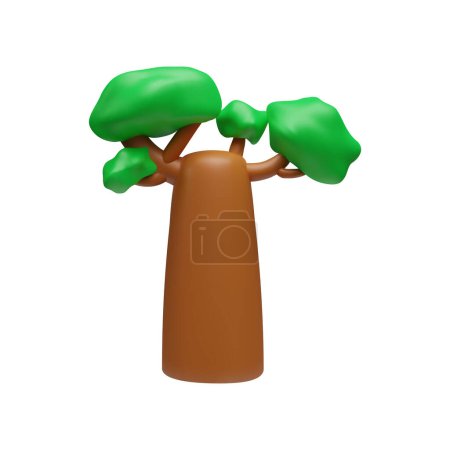 Green tree baobab 3D realistic vector illustration. Render forest plant tree with a thick trunk. Flora game asset, nature volume toy design element plasticine texture isolated on white