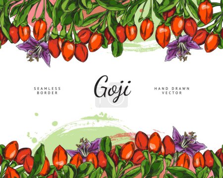 Illustration for Goji berries. Seamless border of goji berries in vector format. Detailed graphic design of Chinese wolfberry fruit and flowers ideal for cards, invitations and promotional posters with text space. - Royalty Free Image
