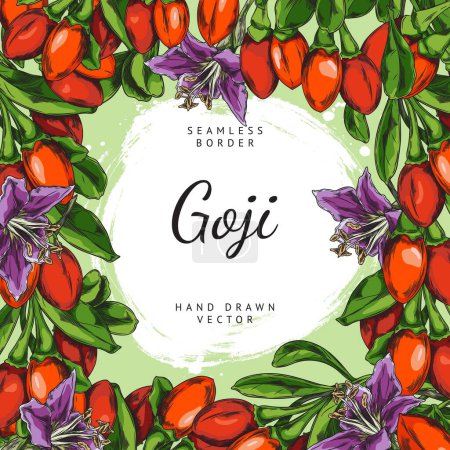 Illustration for Vector illustration of goji berries and Chinese wolfberry flowers arranged in a round frame. Ideal for invitations and promotional posters with space for text. - Royalty Free Image