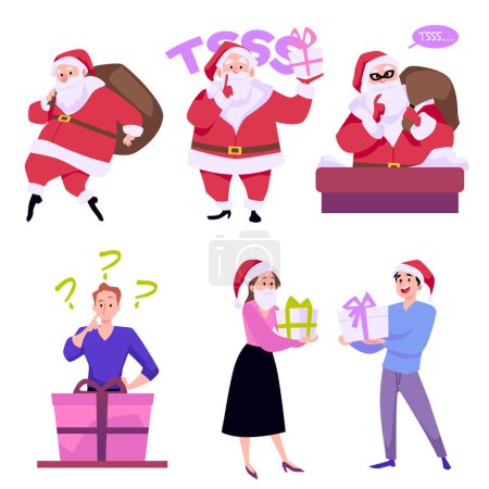 Secret Santa Claus with gifts bag unnoticed delivers present. Showing to be silent gesture. Satisfied people with gifts box in hands. Merry christmas and Happy new year vector cartoon illustration set