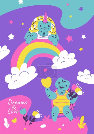 Ilustración de Ilustración vectorial caprichosa de tortugas en un entorno de fantasía, con una luciendo un cuerno de unicornio encima de un arco iris, promoviendo Dreams Love . - Imagen libre de derechos