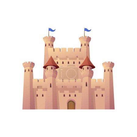 Majestuoso castillo de piedra arenisca con tejados de terracota y banderas azules ondeantes. Ilustración vectorial ideal para juegos de temática medieval y materiales educativos.
