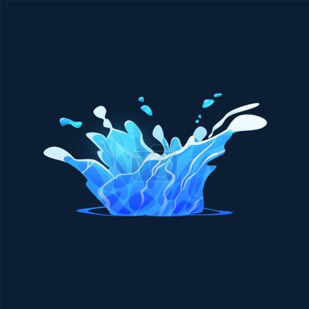 Blue water splash vector flat illustration. Liquid water splashes, spray aqua drops. Cartoon water motion effect, plash on the puddle. Splashing fluids with droplets, fountain isolated on dark blue