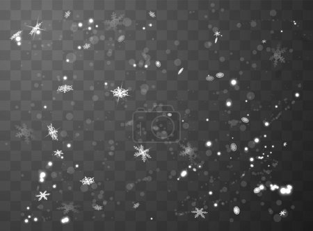 Vector Christmas background with white bokeh, falling snowflakes and shimmering particles. Festive snowy isolated illustration perfect for magical overlay.