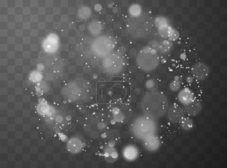 Vector illustration depicting white highlights and small bright particles located in a circle. Christmas background made of shining dust and particles. Abstract round background with bokeh effect.