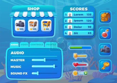 Shop und Scores Panels für ein Unterwasserspiel. Vektor-Illustrationsset mit Ausstattungssymbolen, Audio-Einstellungen und Player-Rankings.
