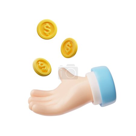 Illustration for 3D hand icon with a blue cuff flipping coins, capturing the concept of wealth and financial transactions in vector illustration. - Royalty Free Image