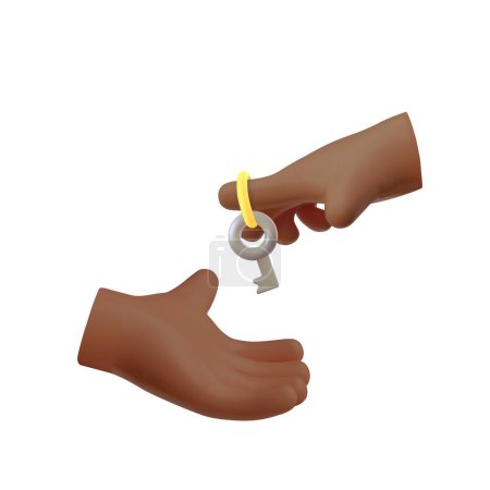 Illustration vectorielle 3D d'une main passant une clé à une autre main, représentant le concept d'un prêt ou d'une hypothèque. Idéal pour les modèles immobiliers isolés sur fond.
