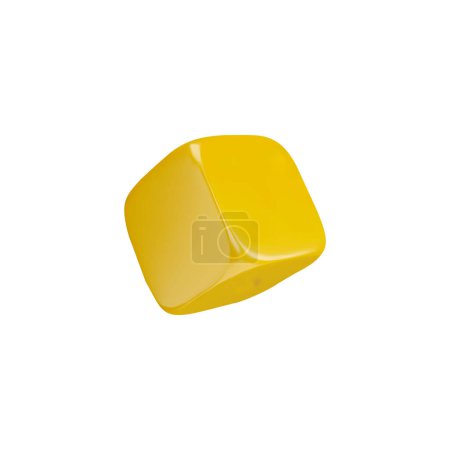 Realistic yellow cube with soft corners falling 3D vector. Games design, cubic toy, brick. Cartoon 3d volume plastic quadrilateral block, geometric shape figure isolated. Isometric glossy metal block