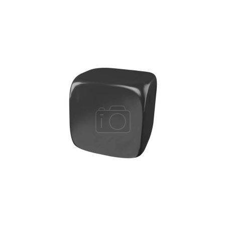 A matte black 3D dice icon, featured in a subtle perspective with soft lighting, presented as a modern vector illustration for games and decision-making visuals.