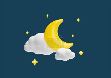 A tranquil night scene featuring a bright yellow 3D crescent moon cradled by fluffy white clouds, accompanied by twinkling stars, in a peaceful vector icon illustration.