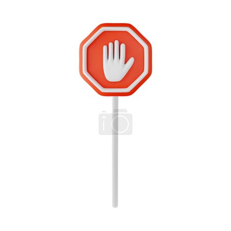 Verbotene Handzeichen im 3D-Vektor. Realistisches rotes achteckiges Stop-Symbol mit weiß gefärbter stehender Handfläche. Das Stoppschild ist ideal für ein Verkehrszeichen oder Aufkleber. Isolierter Hintergrund.