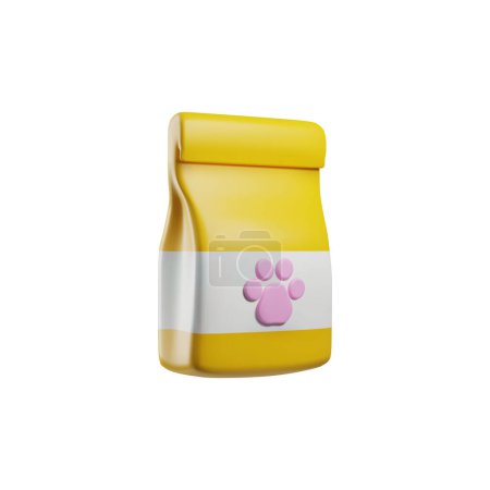 Ilustración vectorial 3D de un paquete de alimentos para mascotas con un color amarillo vibrante y un estampado de pata rosa, perfecto para marcar.