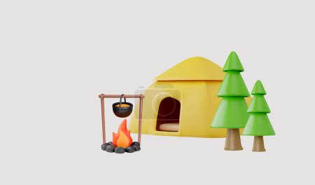 Illustration for A cozy camping scene is depicted in this 3D icon vector illustration, featuring a tent, campfire, and pine trees. - Royalty Free Image