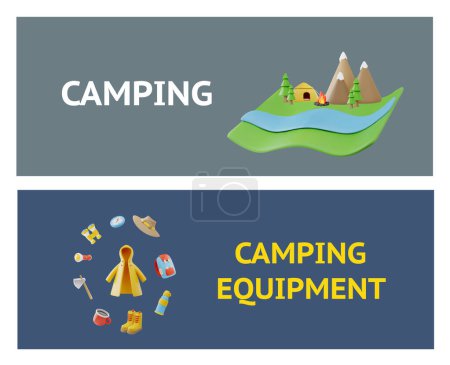 Outdoor-Abenteuer erwartet Sie in dieser 3D-Icon-Vektor-Illustration mit einem landschaftlich reizvollen Camping-Setup und einer separaten Auswahl an Campingausrüstung.