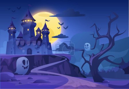 Illustration for Enchanting castle design with ghosts, set against a grand moon and silhouetted trees. Vector fantasy landscape perfect for gaming or fairy tale visuals - Royalty Free Image