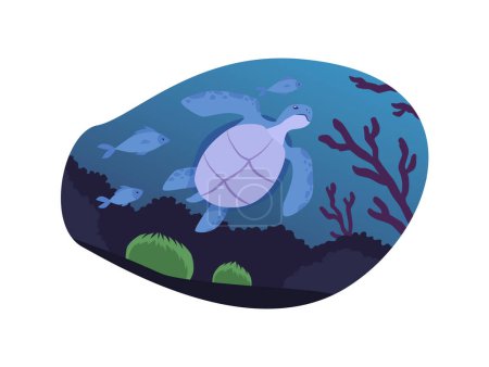 Meeresschildkröte. Vektorillustration, die eine Schildkröte inmitten von Fischen, Korallen und Algen zeigt. Dieser flache Aufkleber ist perfekt für ein nautisches Design und zeigt ein ruhiges Unterwasserreich.