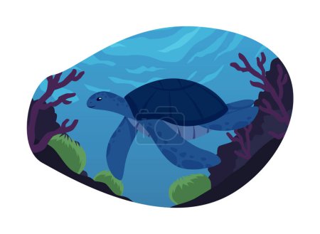 Oceanic landscape with turtle and algae. Vector illustration of a solitary turtle swimming near seabed flora, great for marine biology and ecology designs.