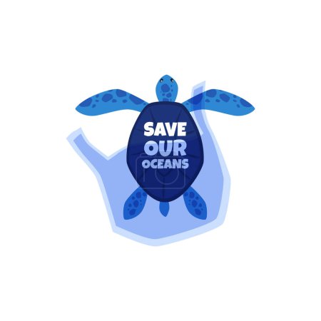 Meeresschildkröte mit Schutzbotschaft. Vektor-Illustration einer Schildkröte in Meeresgewässern mit dem Text "Save Our Oceans", ideal für Umweltschutz.