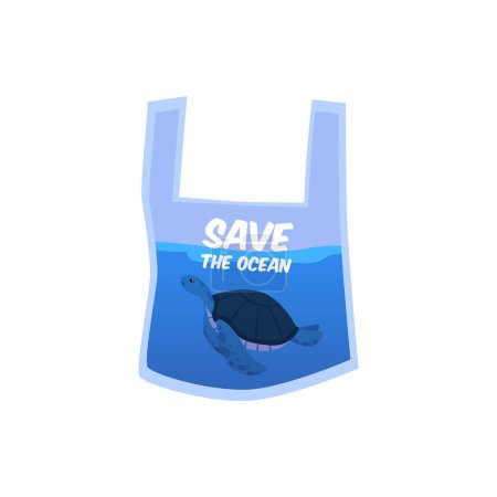 Save the Ocean Campaign. Flache Vektorillustration einer Plastiktüte mit einem Bild einer Schildkröte im Wasser. Illustrationen zum Internationalen Plastiktütenfreien Tag. Flaches Symbol auf isoliertem Hintergrund.
