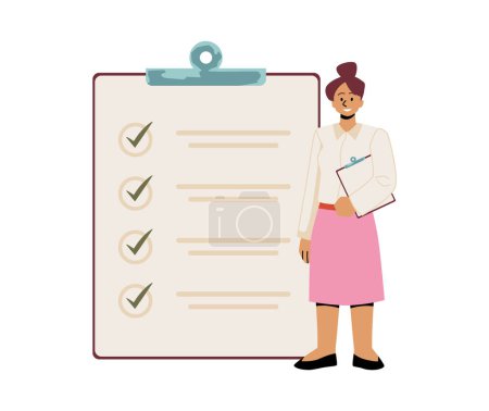 Concepto profesional de gestión de tareas. Ilustración vectorial de una mujer confiada con un portapapeles de lista de verificación, que representa organización y responsabilidad.
