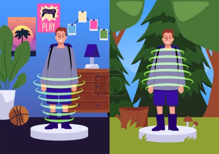 Conjunto imaginativo de concepto de teletransportación. Ilustraciones vectoriales representan a una persona en transición de un dormitorio a un bosque, simbolizando el escape o los juegos de realidad virtual.