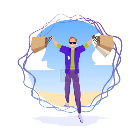Person goes through portal or teleport. Cartoon courier man holding bags. Concept of travel in time and space dimension, fantasy game. Vector fantastic illustration of delivery or shopping