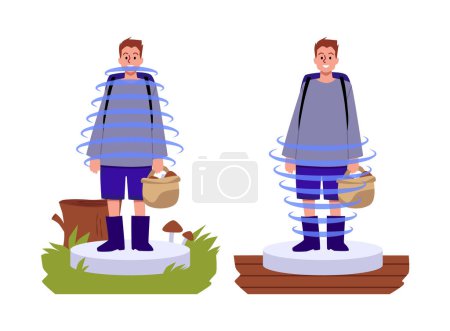 Illustration for A fantasy teleportation machine in which a teenager travels from the forest to home. A set of isolated vector illustrations demonstrating the fantastic technology of time travel. - Royalty Free Image