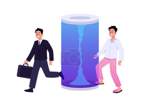 Transition from work to home concept. Vector illustration of a man in a suit stepping through a portal and changing into comfortable home attire, showcasing the balance of professional and personal
