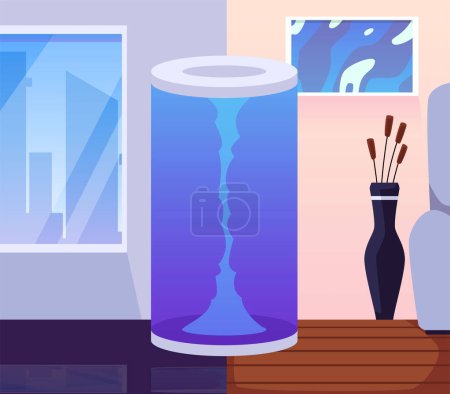 Teleportation technology in a stylish city apartment setting. Illustration showcases a portal with rays leading to another dimension, amidst contemporary home decor.