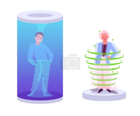The magic of time travel. Vector illustration on a white background with an image of a guy and a woman using modern teleportation technology using different portals.