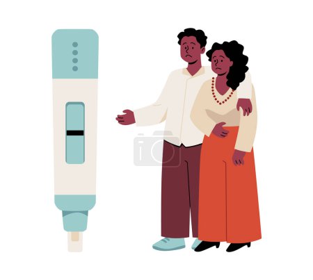 A couple stands worriedly beside a large pregnancy test with a negative result. Vector illustration showing concern over infertility.