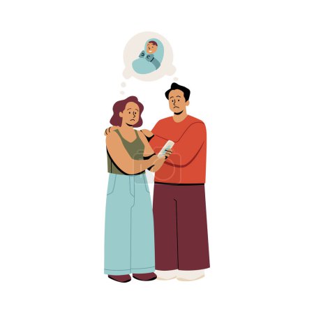An embracing couple dreams of a baby, holding a fertility test, captured in a hopeful vector illustration.