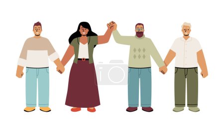 Un groupe diversifié de quatre individus se tenant la main, formant une chaîne humaine dans une démonstration d'unité et de solidarité. Illustration vectorielle de la cohésion.