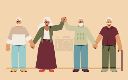 Illustration for Senior friends form a human chain, expressing unity and support in a warm vector illustration. - Royalty Free Image